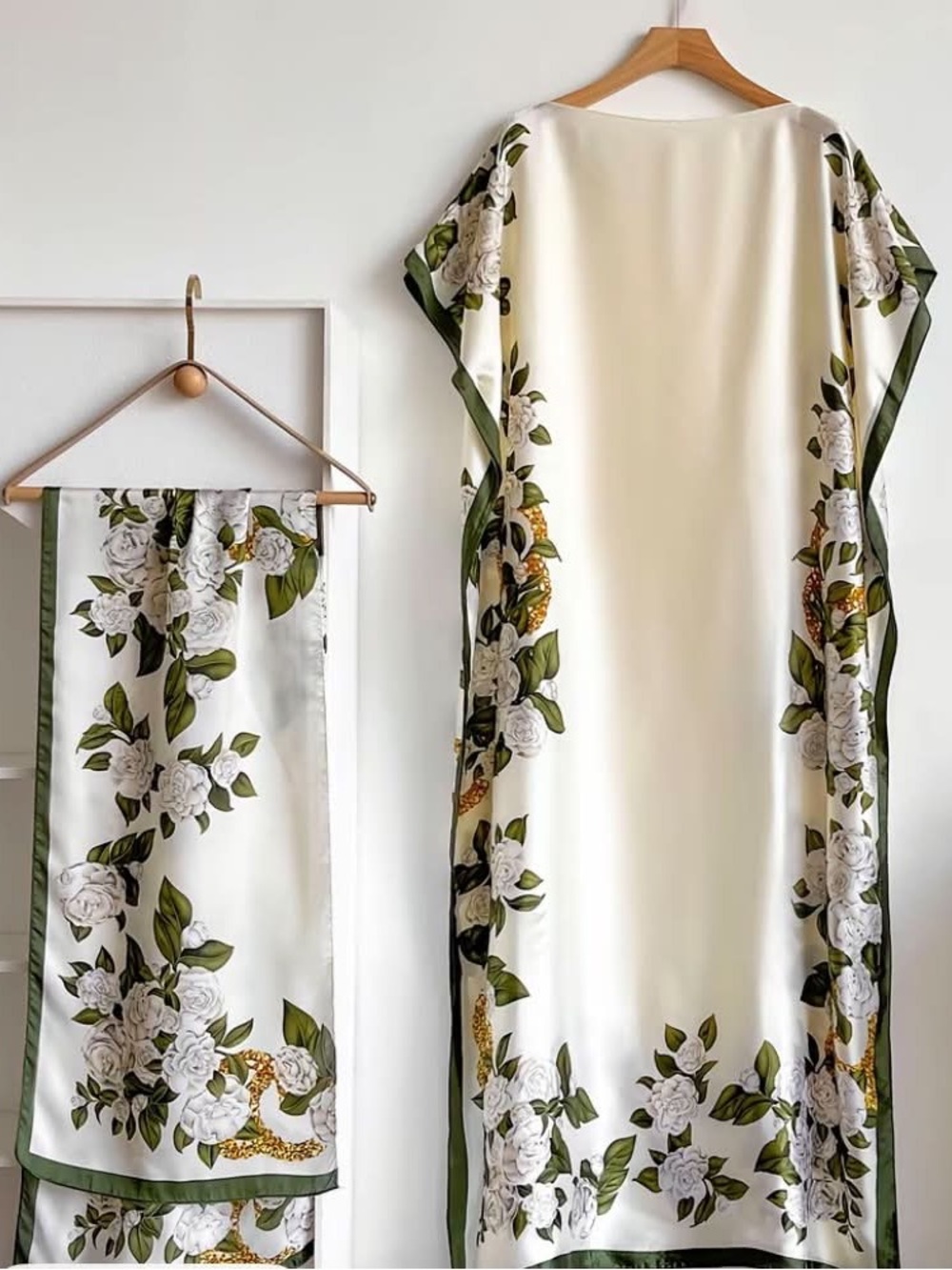 Elegant Cream Floral-Trim Caftan by